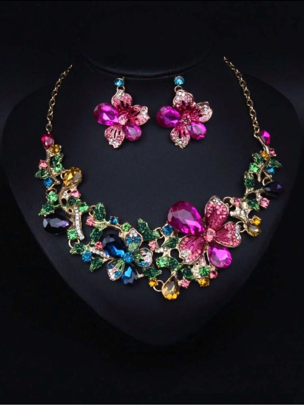 Multicolor Floral Crystal Statement Necklace & Earring Set